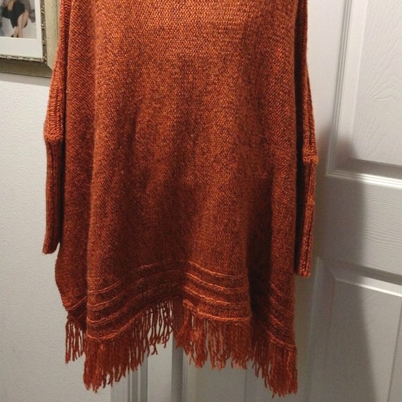 Poncho Oversized Pullover Knit 3/4 Batwing Sleeve Heathered Gray Orange - Picture 5 of 5